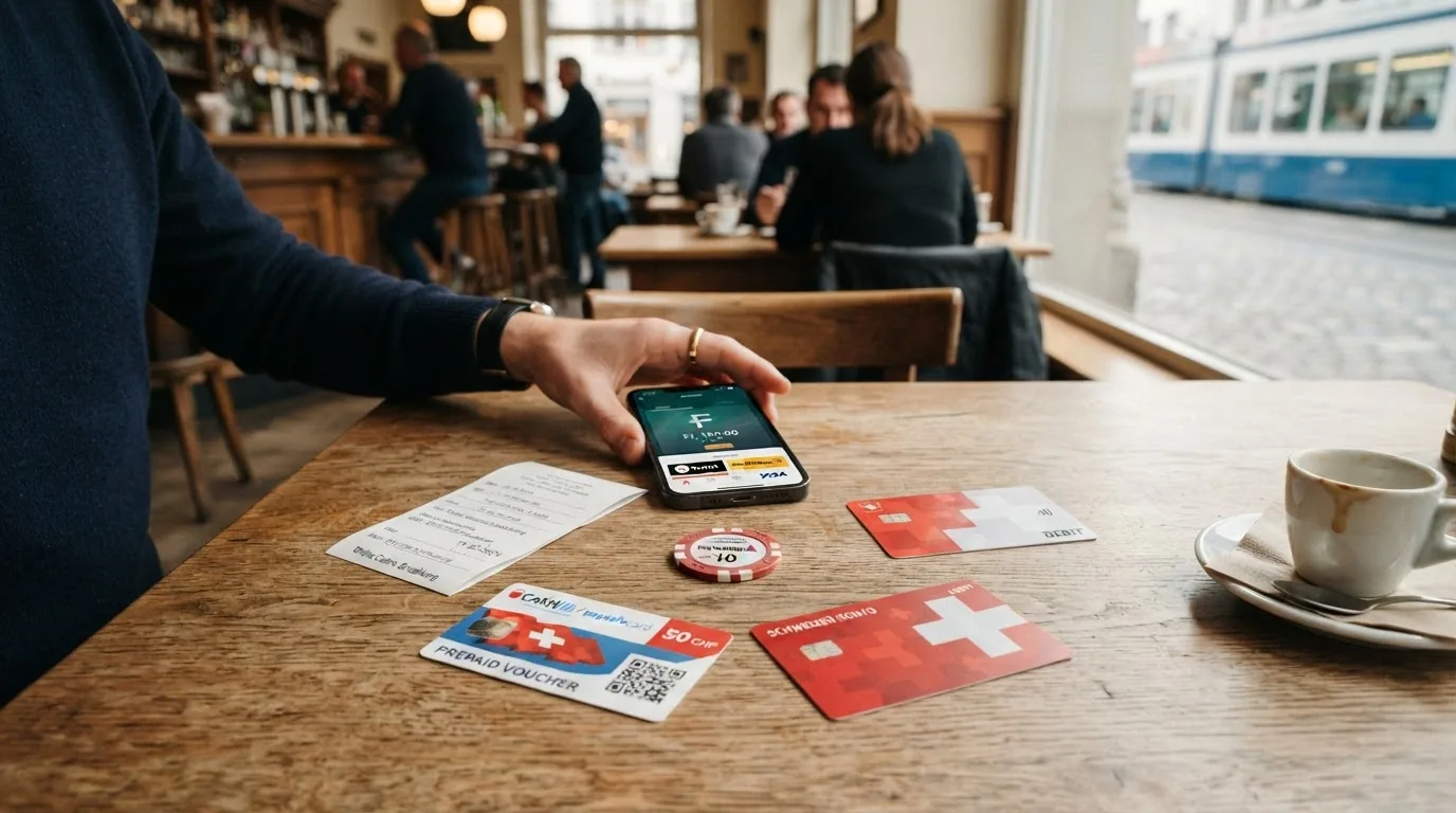 TWINT-Logo, PostFinance-Card, Paysafecard-Gutschein und Banküberweisungs-Symbol nebeneinander