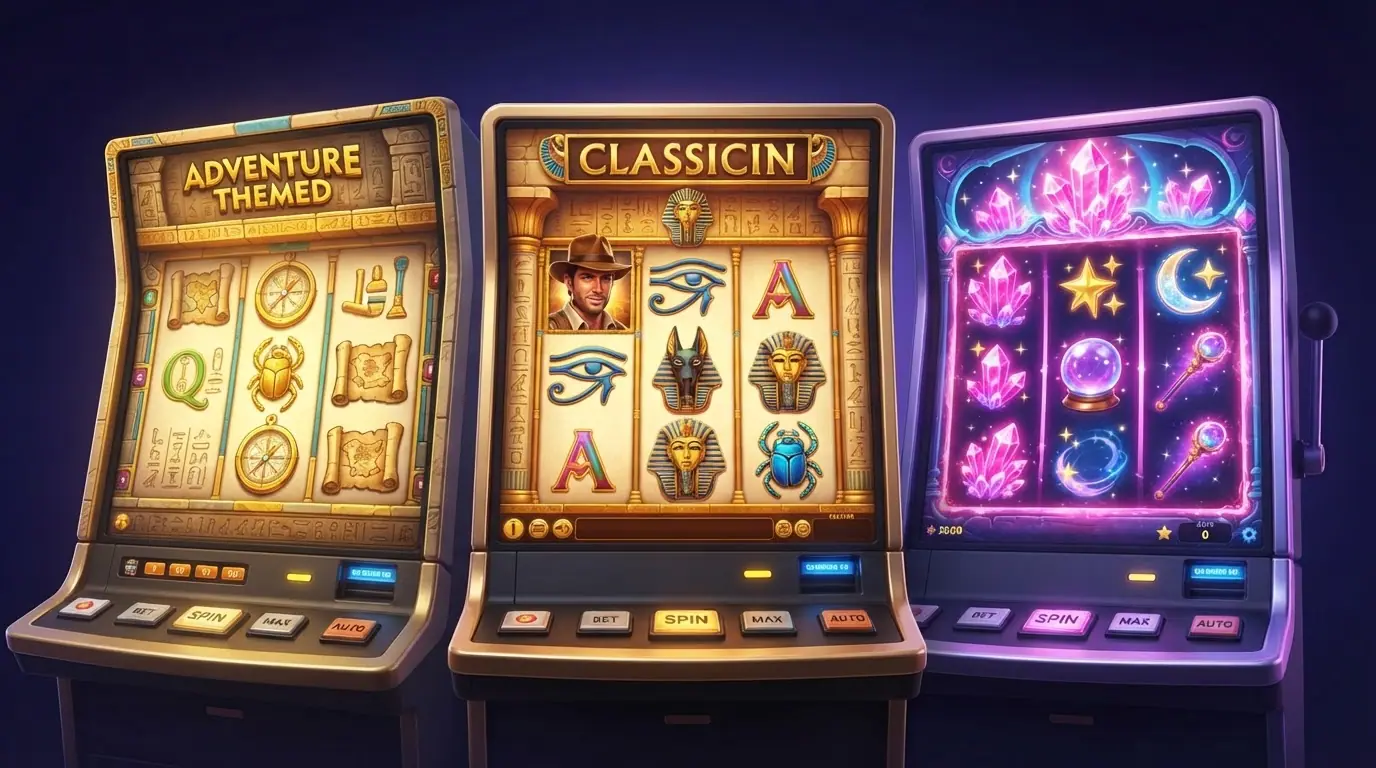 Eine Auswahl bekannter Spielautomaten-Symbole auf einem Bildschirm: Book of Dead, Book of Ra Deluxe und Lucky Lady's Charm Deluxe nebeneinander