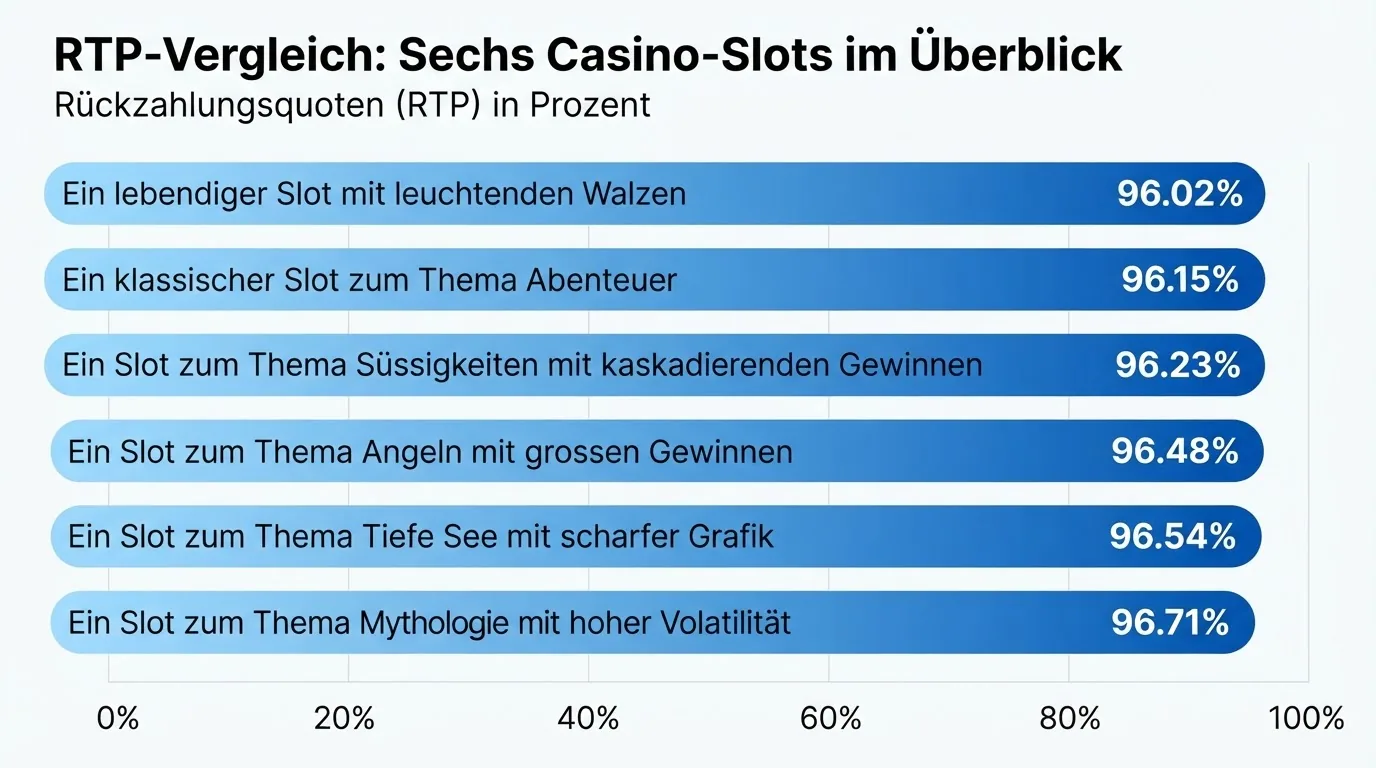 Balkendiagramm der sechs recherchierten Slots mit ihren RTP-Werten