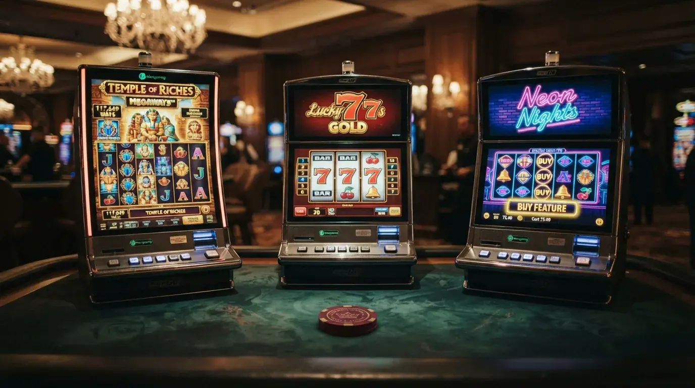 Drei verschiedene Bonus-Buy-Slots nebeneinander – Megaways, klassischer Slot und Low-Stake-Variante