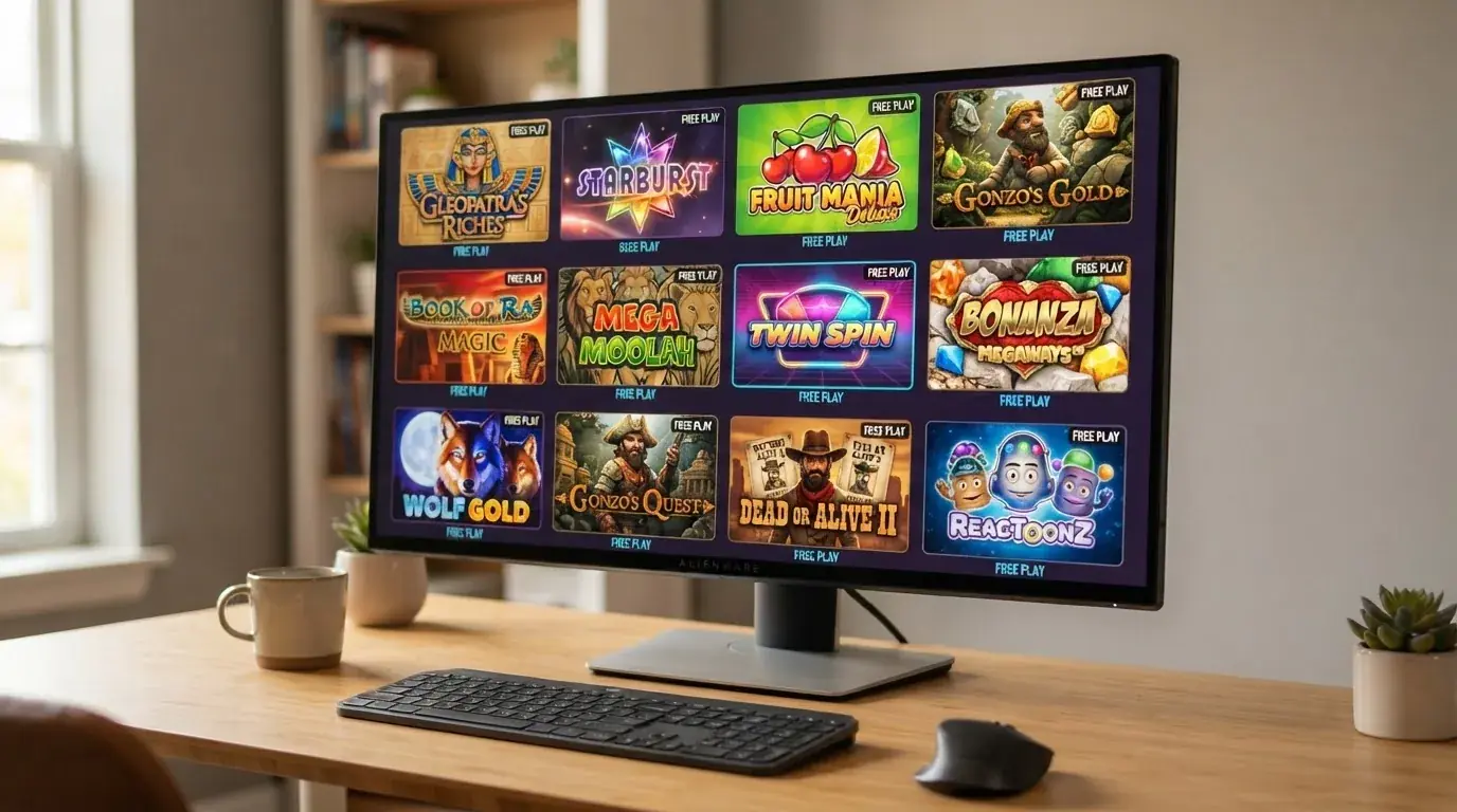 Eine Rasteransicht mit zwölf verschiedenen Slot-Covern – darunter Book of Ra, Starburst und ein Megaways-Titel – nebeneinander auf einer Casino-Seite