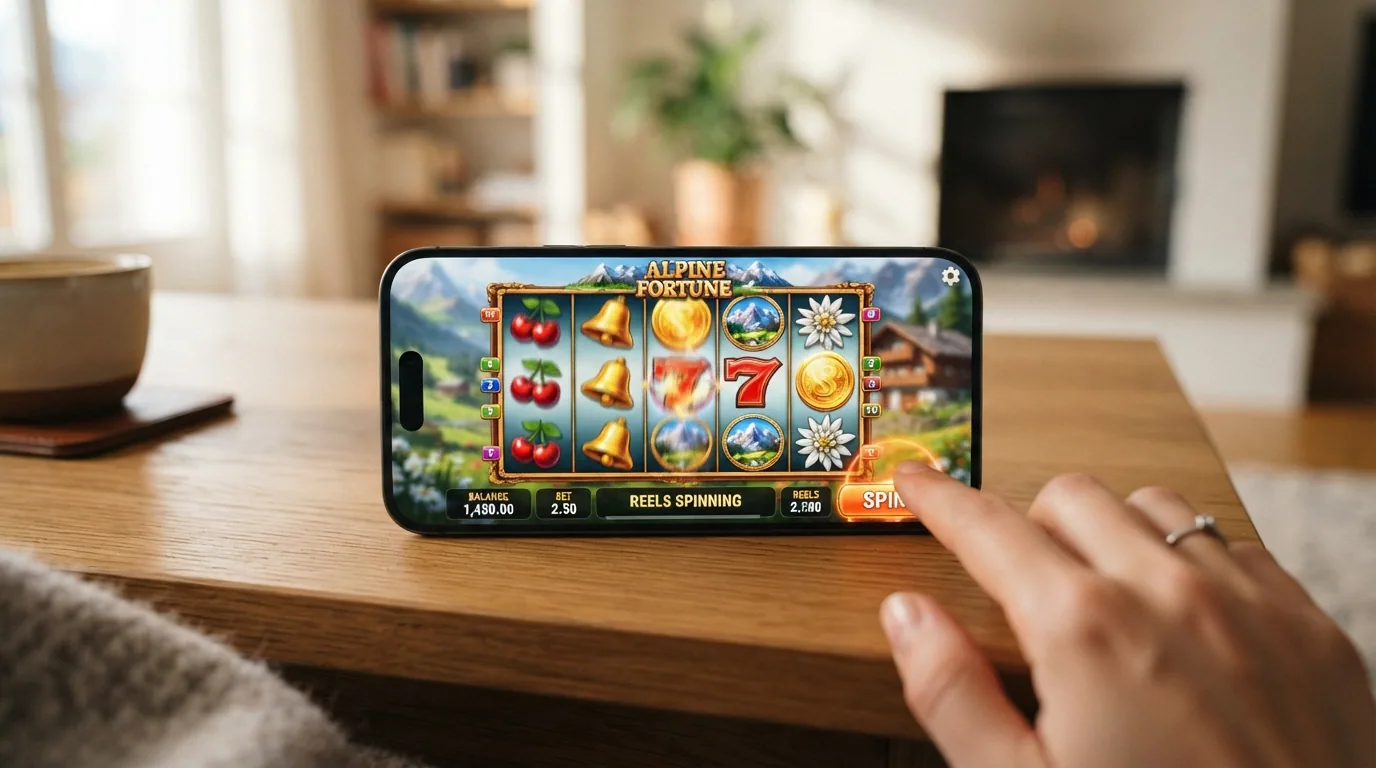 Smartphone im Querformat mit einem farbigen Spielautomaten, Finger tippt auf die Spin-Fläche