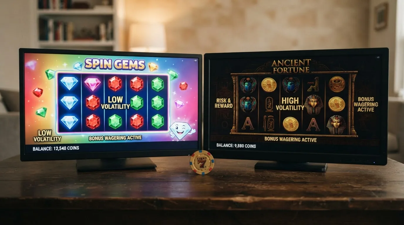 Spielautomat Book of Dead und Starburst auf einem geteilten Bildschirm mit RTP- und Volatilitäts-Angaben