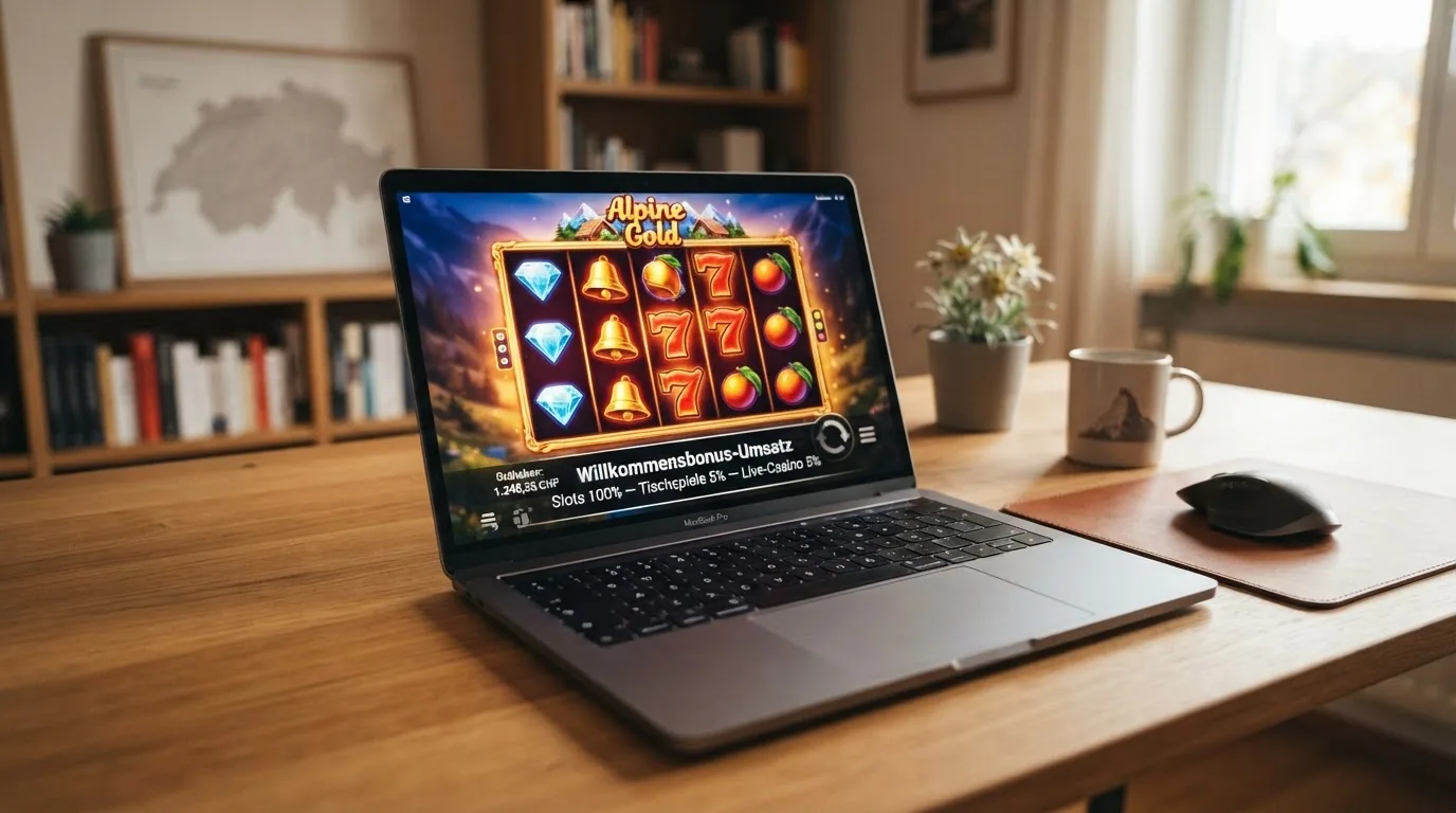 Online-Slot mit eingeblendeter Gewichtungstabelle: «Slots 100% — Tischspiele 5% — Live-Casino 5%»