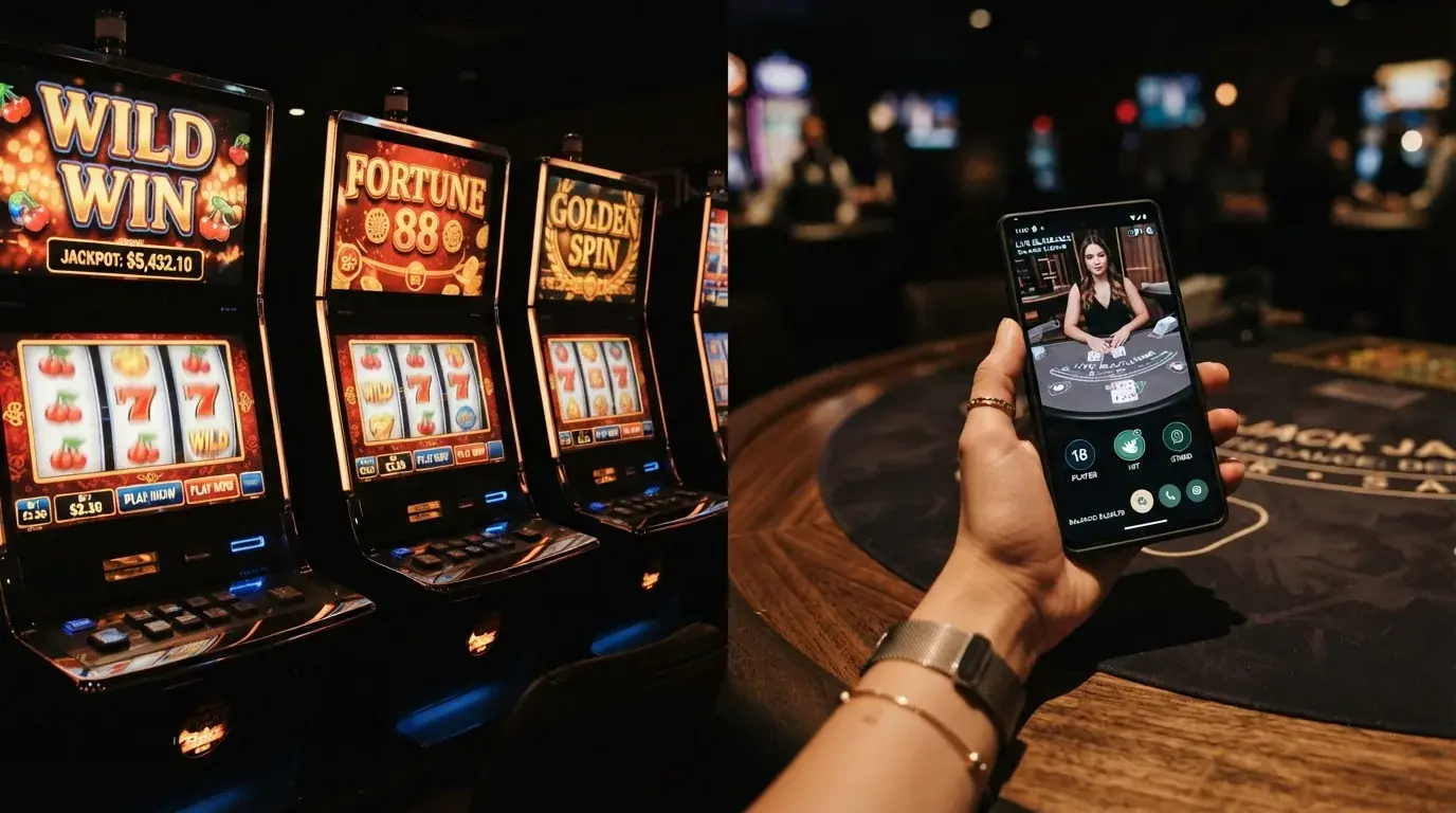 Eine Reihe Slot-Automaten und ein Live-Dealer-Tisch im Querschnitt