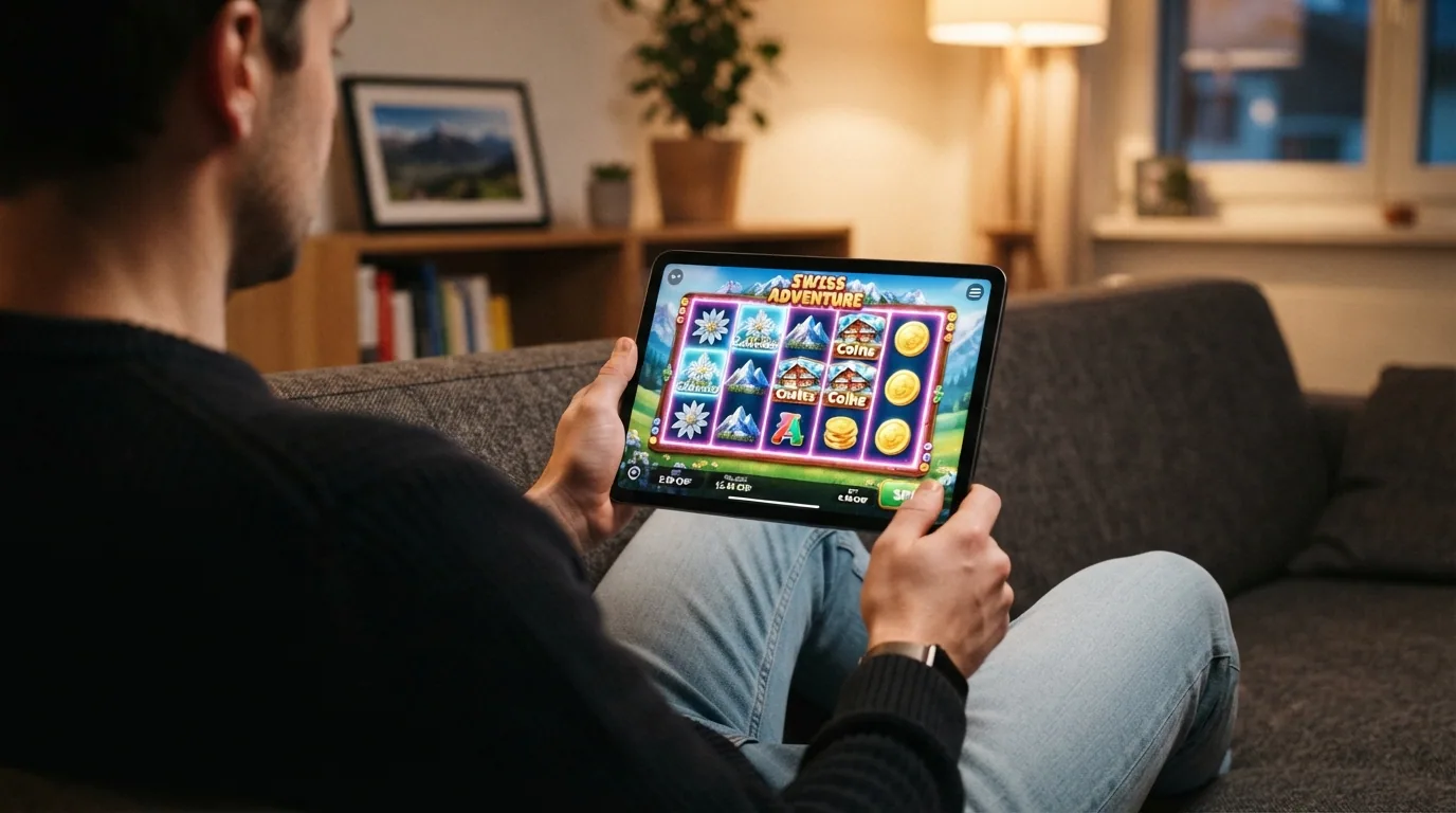Drei Spielautomaten auf einem Smartphone-Bildschirm mit einem Guthaben von 15 Franken