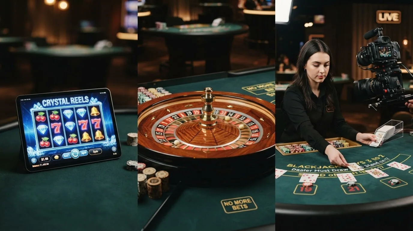Drei Spielbereiche nebeneinander: Book-of-Dead-Slot auf einem Tablet, Roulette-Kessel in der Totalen, Live-Dealer am Tisch