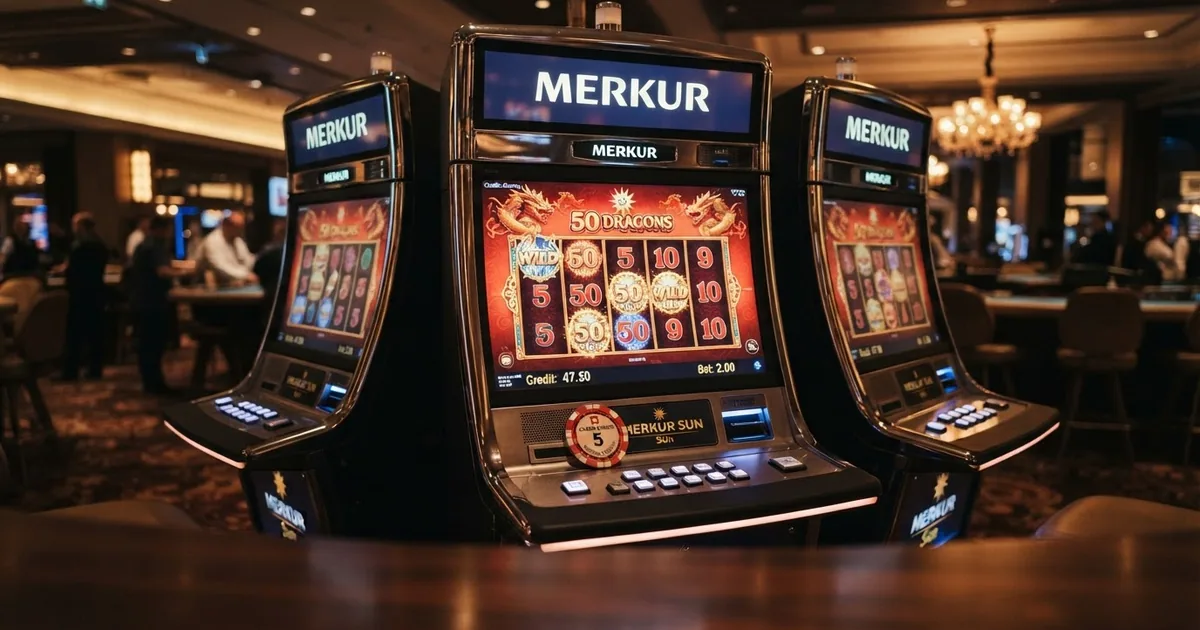 Mehrere Merkur-Spielautomaten in einer modernen Casino-Umgebung, Demo-Modus-Anzeige sichtbar