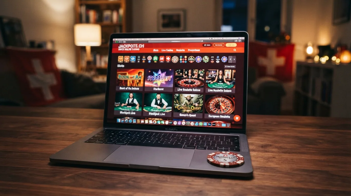 Bildschirmansicht einer Casino-Spiellobby mit Slot-Thumbnails, Roulette-Kessel und Live-Dealer-Kachel, überlagert mit dem Schriftzug «Lizenziert in der Schweiz».
