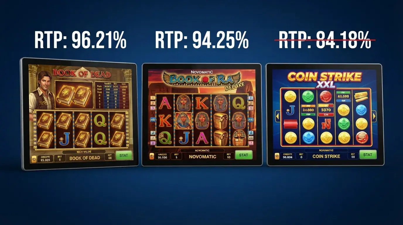 Drei nebeneinander angeordnete Slot-Screenshots — Book of Dead, Book of Ra Deluxe, Coin Strike XXL — mit eingeblendeten RTP-Prozentzahlen und einem durchgestrichenen niedrigen RTP-Wert