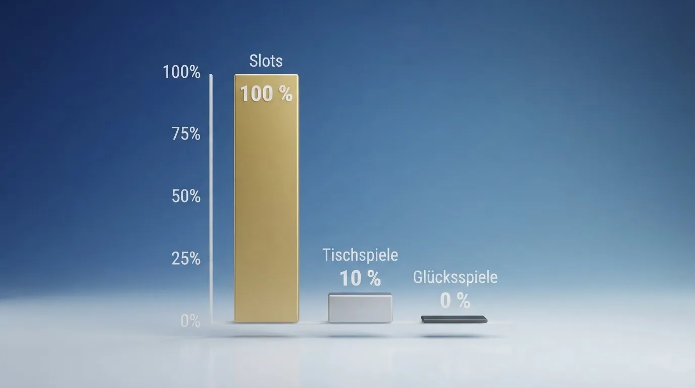Balkendiagramm: Slots 100 %, Tischspiele 10 %, Jackpot-Spiele 0 % Beitrag zur Umsatzbedingung