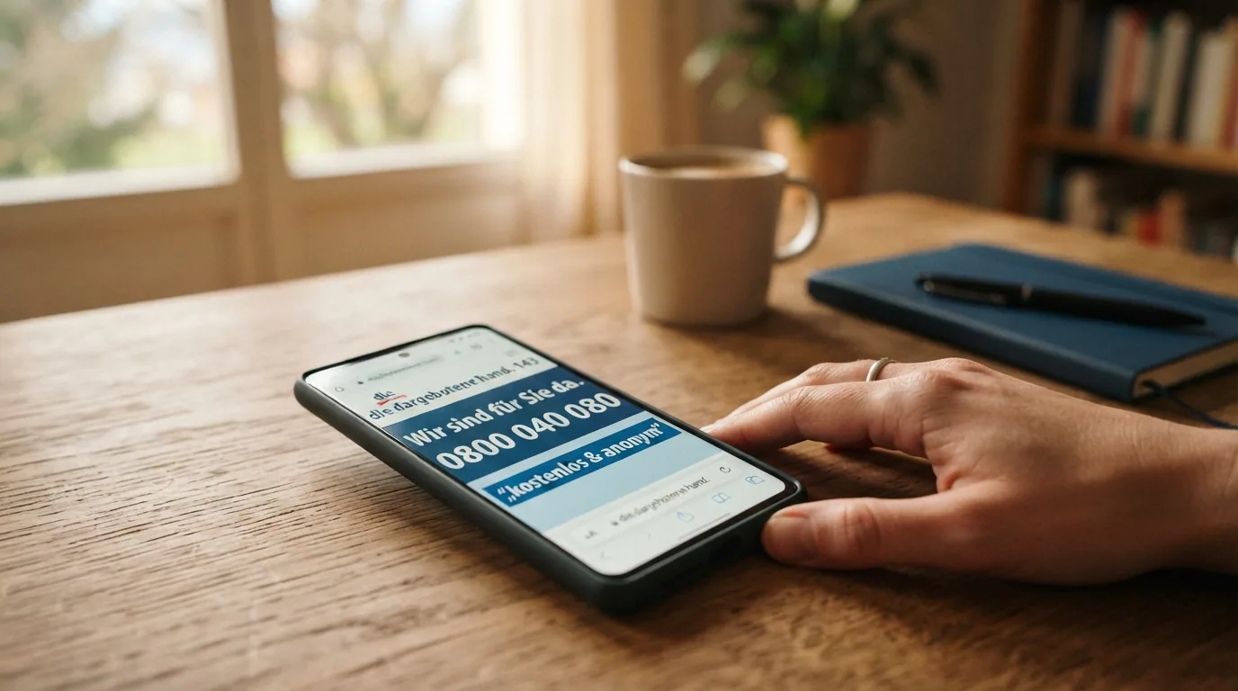 Smartphone mit geöffneter Hilfeseite, Notruf-Symbol, Text «0800 040 080 – kostenlos & anonym»