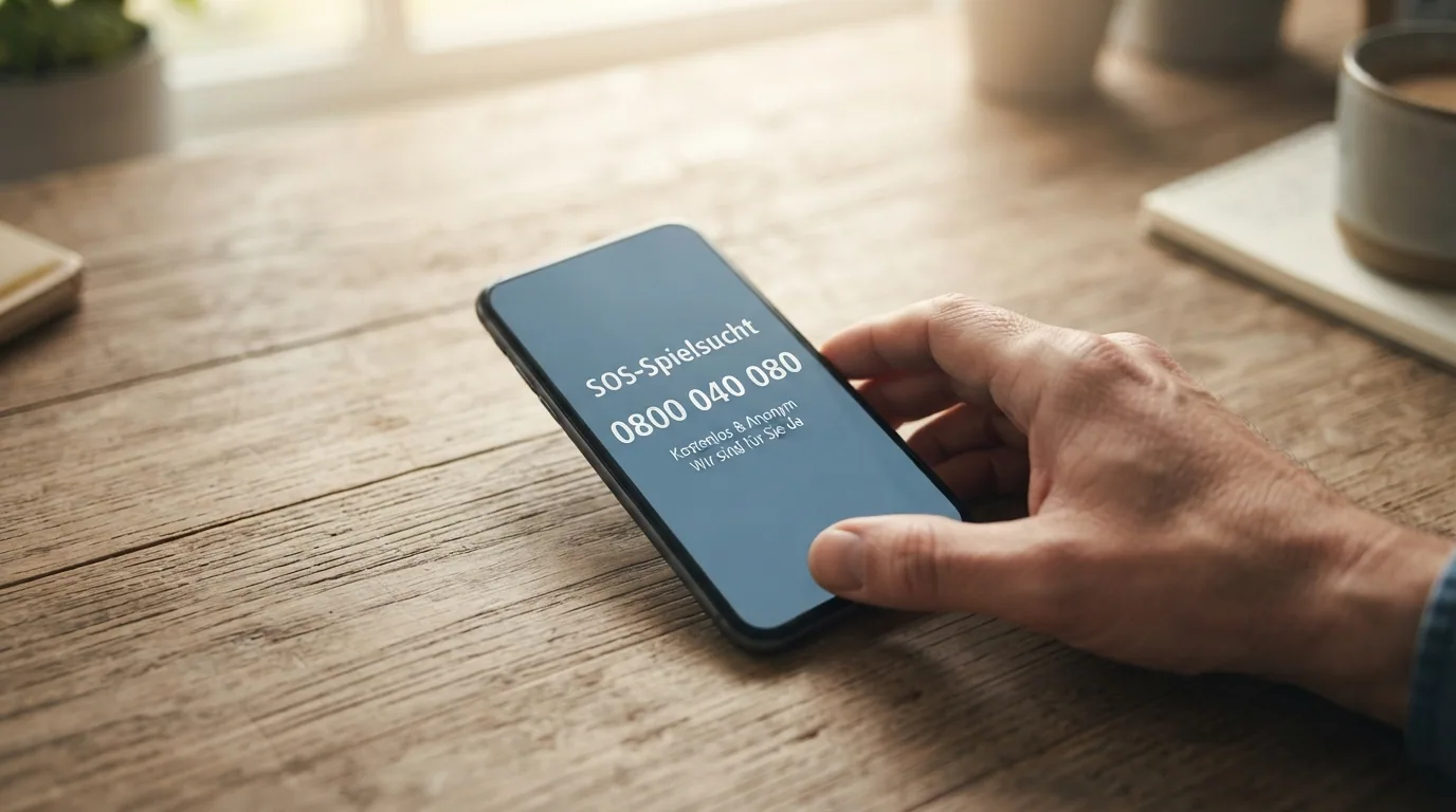 Eine Person hält ein Smartphone mit der geöffneten Nummer 0800 040 080 — daneben das SOS-Spielsucht-Logo
