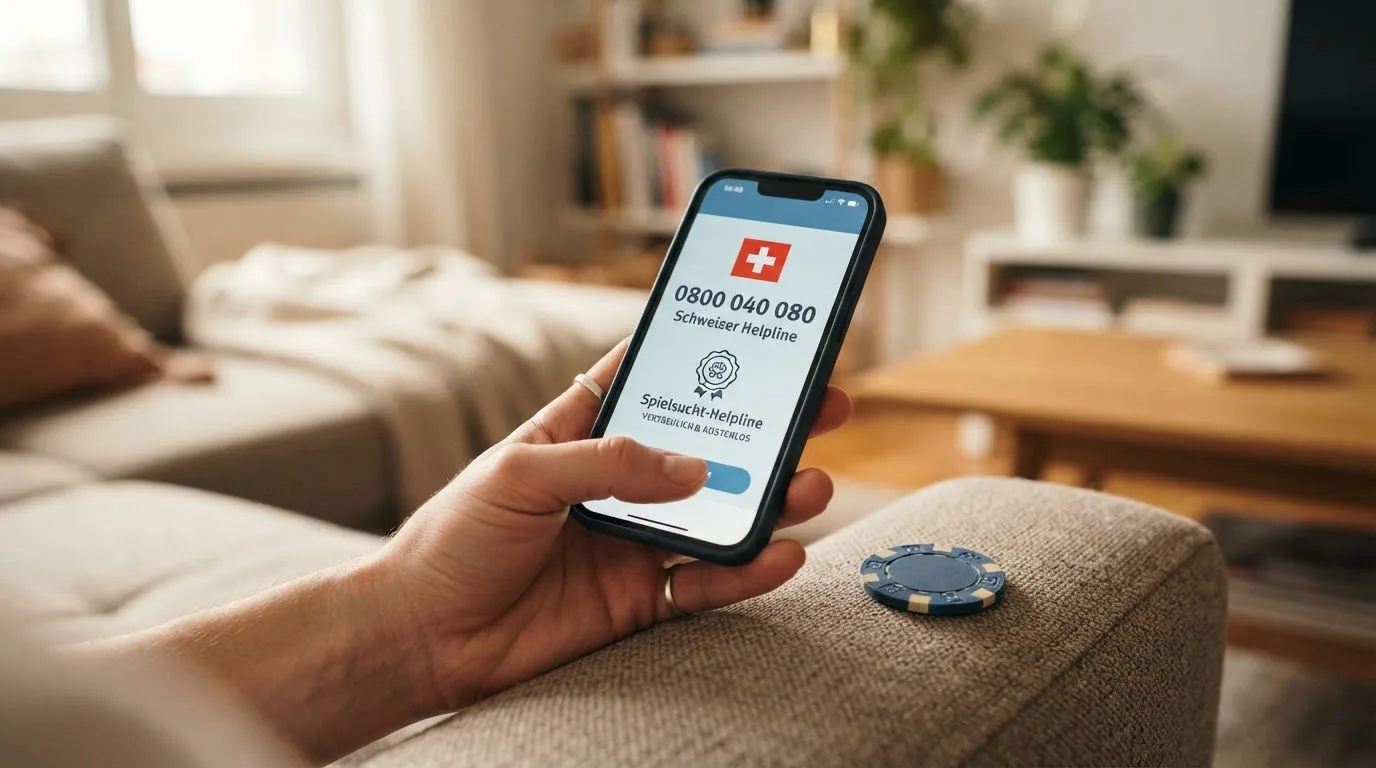 Logo der Spielsucht-Helpline 0800 040 080 mit Symbolen für Beratungsangebote in der Schweiz