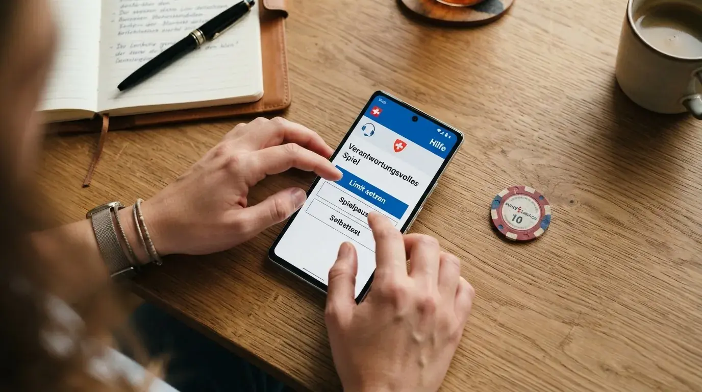 Symbolbild Spielerschutz – Limit-Anzeige, Sperrsymbol und Notruf-Telefon