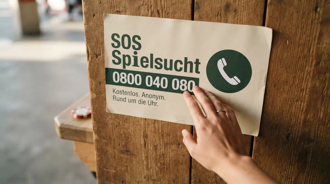Plakat mit der Aufschrift «SOS Spielsucht — 0800 040 080» und dem Slogan einer Präventionskampagne