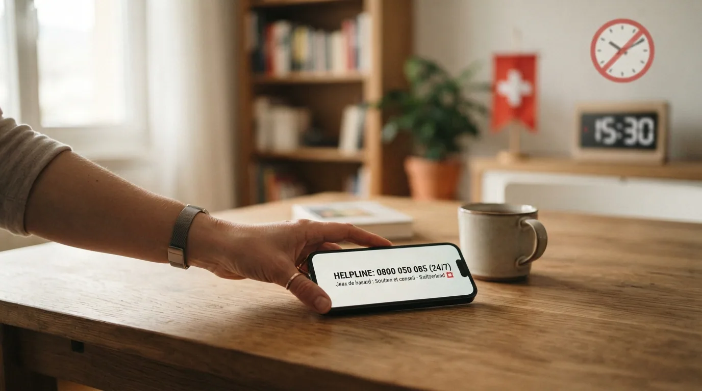 Eine helfende Hand am Telefon und eine Uhr mit Limitsymbol vor Schweizer Flagge