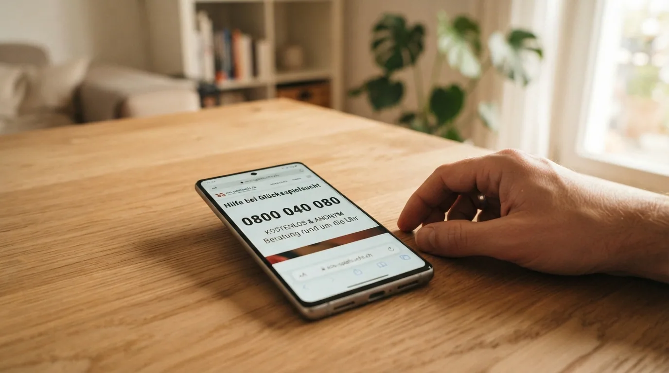 Ein Smartphone mit geöffneter sos-spielsucht.ch-Webseite und der Helpline-Nummer im Display