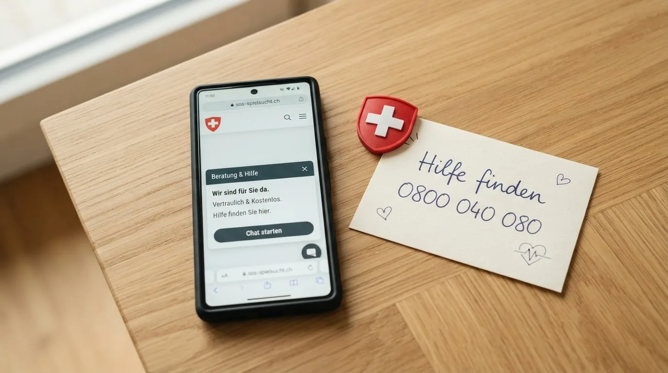 Symbolbild: Telefon-Hotline, Sperrschild mit Schweizer Kreuz und Bildschirm mit Limit-Einstellungen