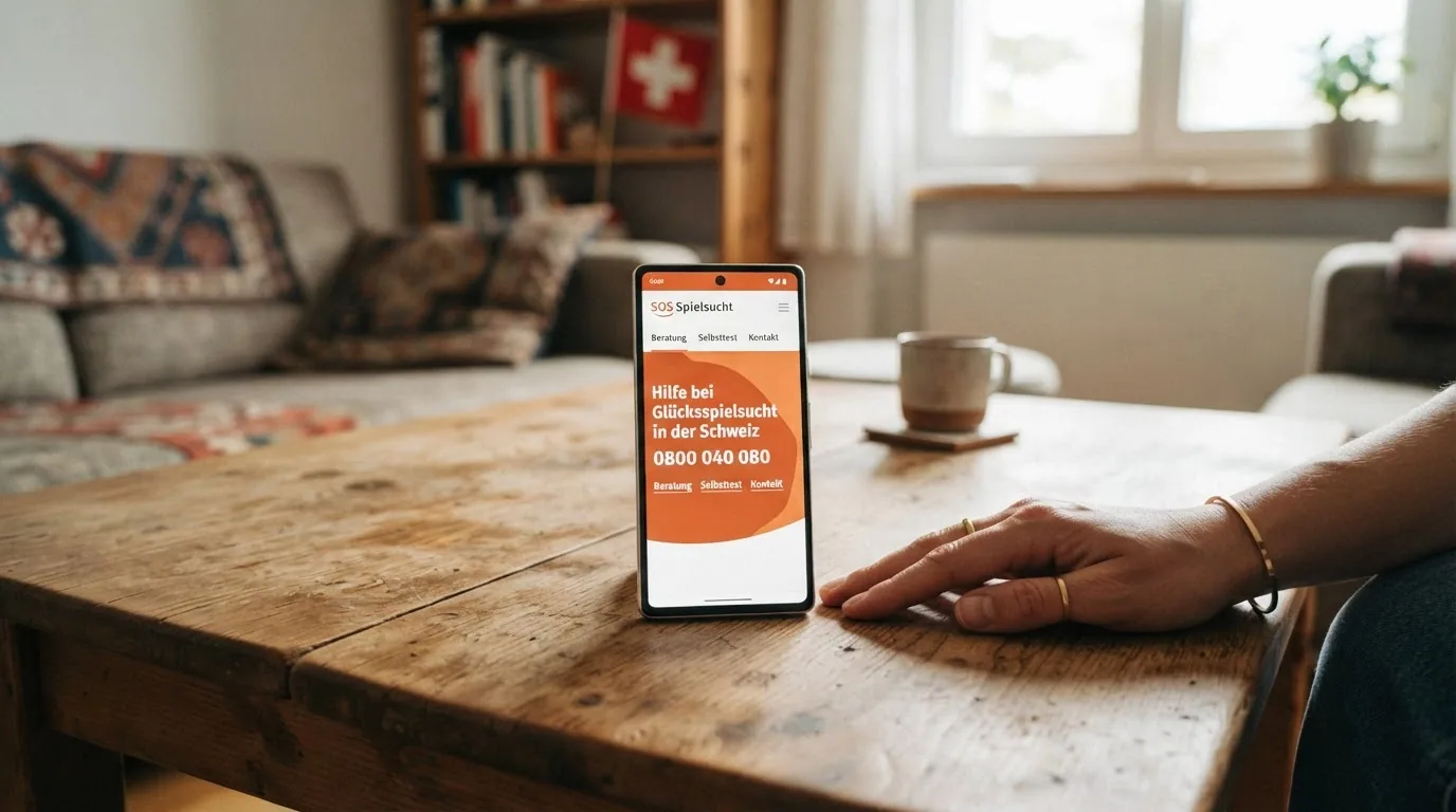Ein Smartphone mit geöffneter SOS-Spielsucht-Seite und sichtbarer Notrufnummer 0800 040 080