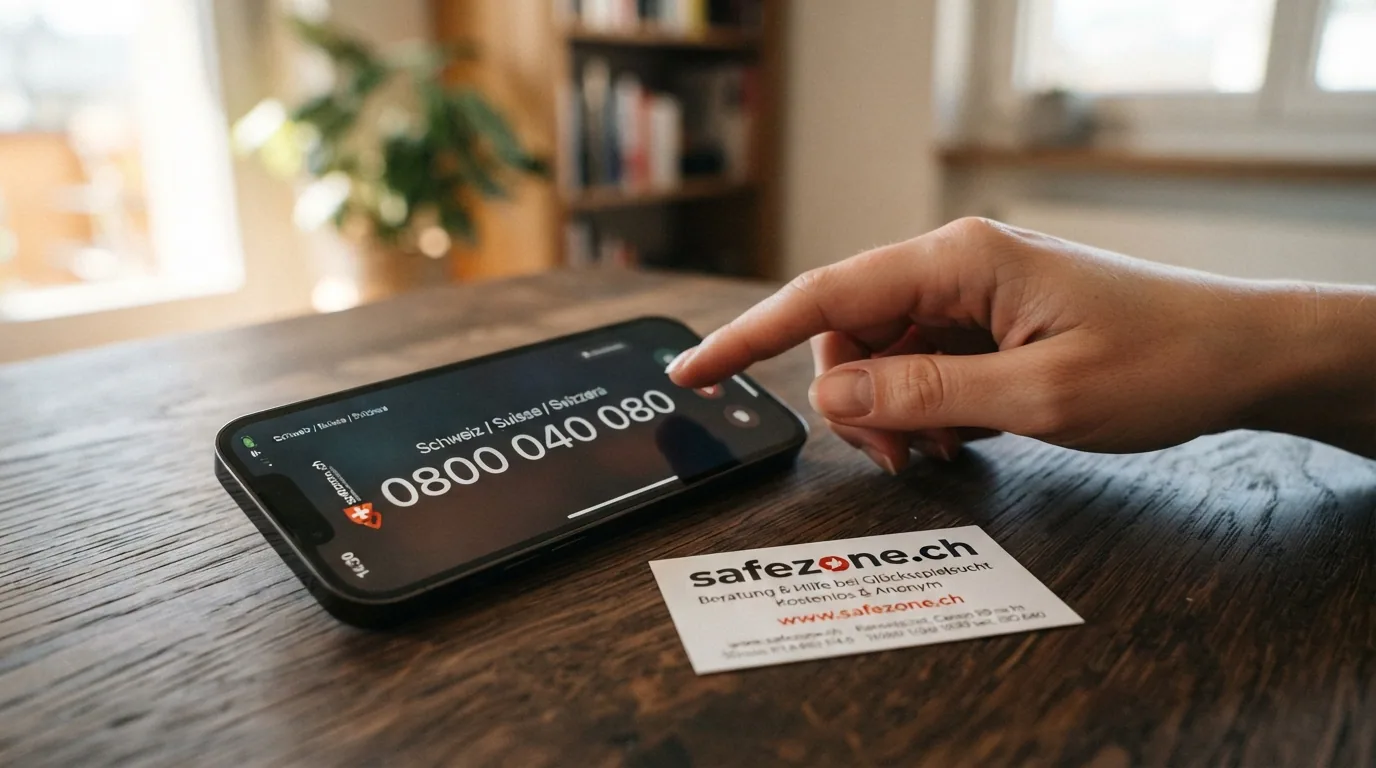 Ein Festnetztelefon mit der aufleuchtenden Nummer 0800 040 080, daneben eine Visitenkarte von safezone.ch