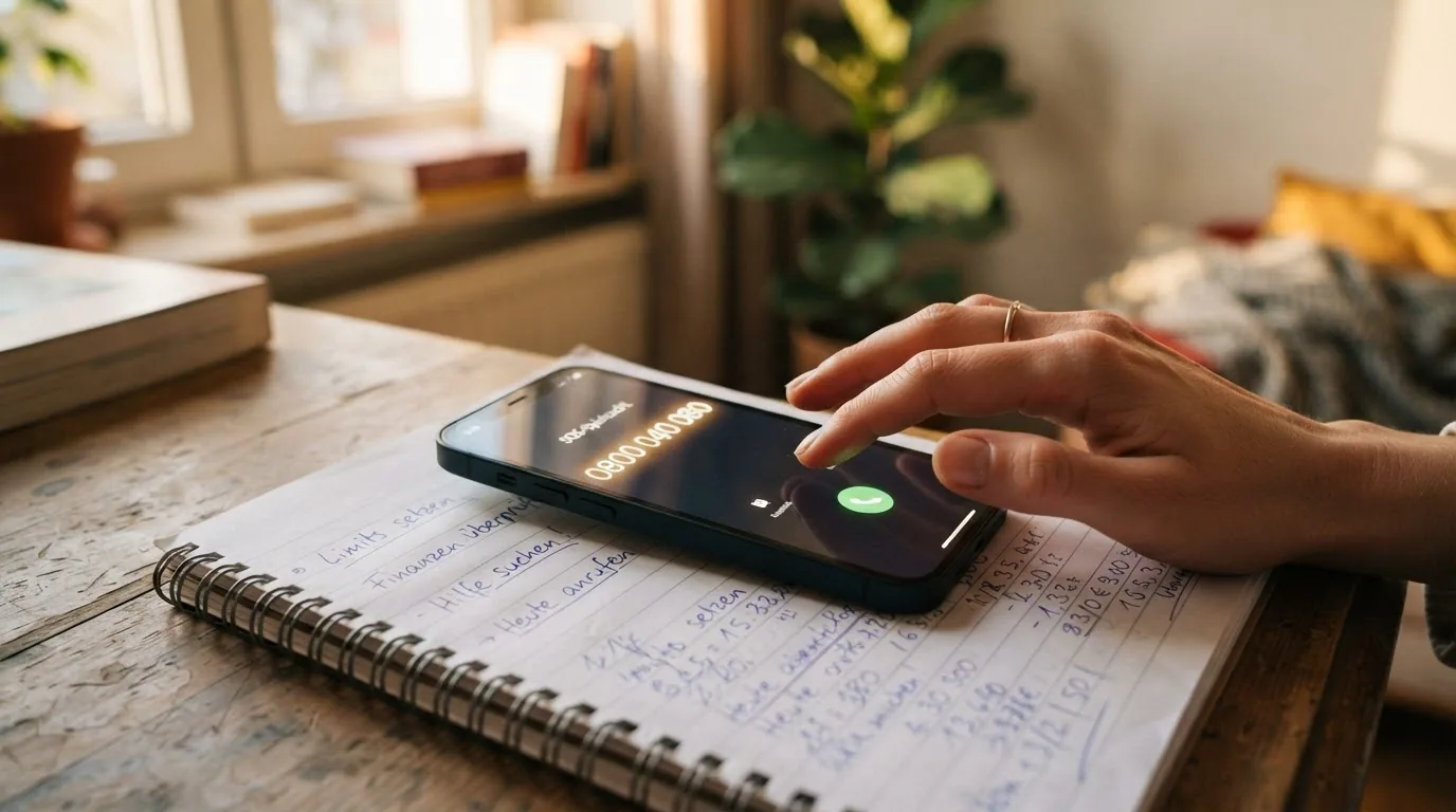 Warm beleuchtete Nahaufnahme eines Smartphones mit der gewählten Nummer 0800 040 080 (SOS-Spielsucht) auf dem Display, daneben ein Notizblock mit «Limits setzen» handschriftlich.