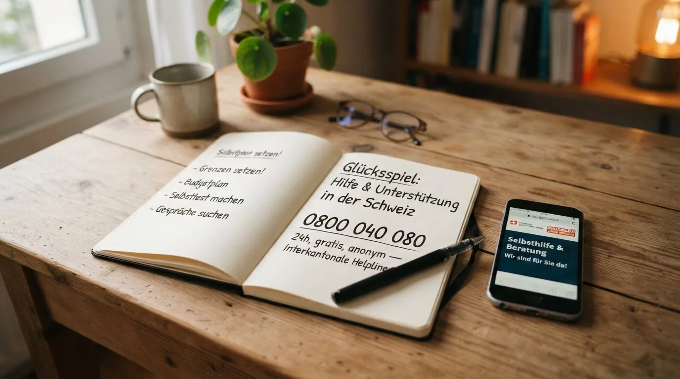 Ein aufgeschlagenes Notizbuch mit der handschriftlichen Notiz «0800 040 080 — 24h, gratis, anonym» und einem Kugelschreiber daneben.