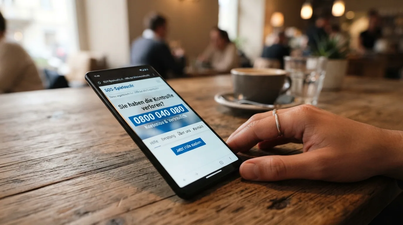 Ein Smartphone mit geöffneter SOS-Spielsucht-Seite und der Helpline-Nummer 0800 040 080 im Display