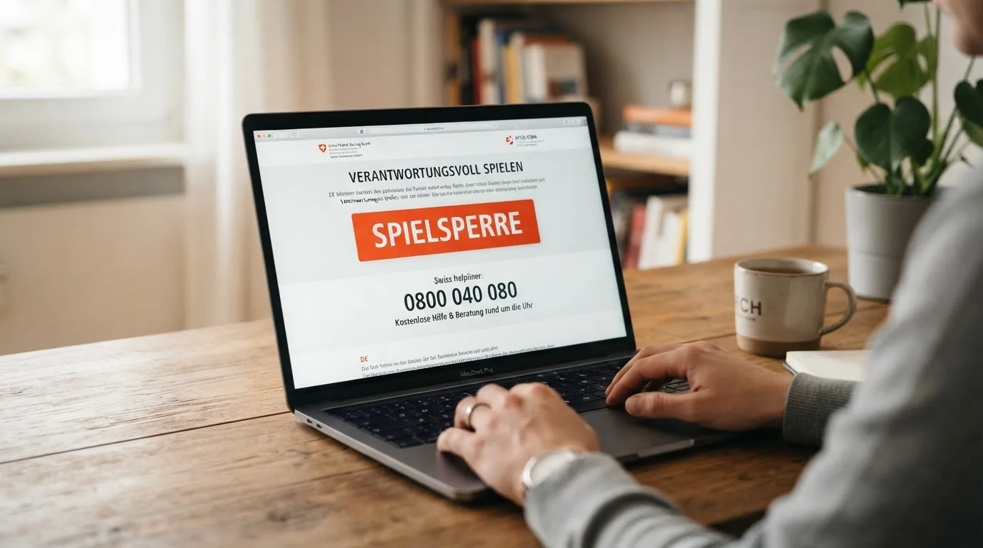 Stopp-Button mit der Aufschrift «Spielsperre» auf einem Bildschirm, darunter die Helpline-Nummer 0800 040 080