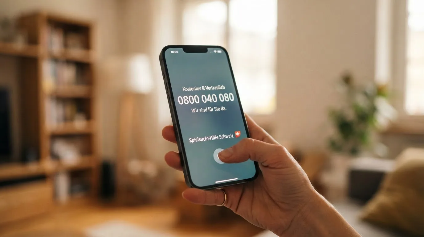 Eine helfende Hand, die ein Smartphone mit der Nummer 0800 040 080 auf dem Display hält, im Hintergrund das Logo von Sucht Schweiz