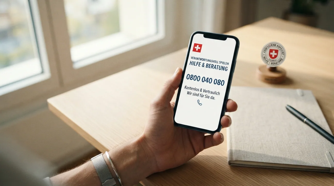 Plakat mit Notrufnummer «0800 040 080» und SafeZone-Logo, daneben Statistiken zu Spielsperren