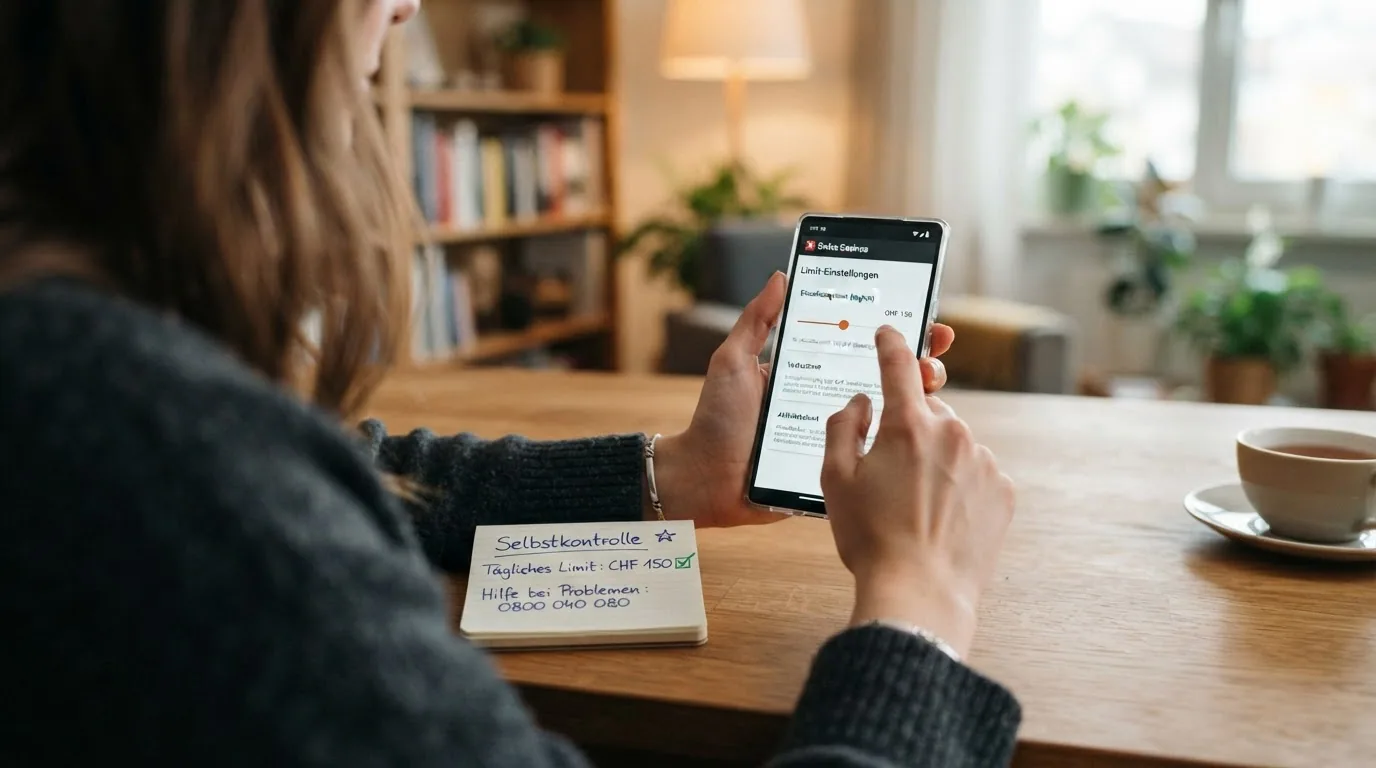 Eine Person, die ein Smartphone mit geöffneter Limit-Einstellungsseite einer Casino-App in der Hand hält, im Hintergrund ein Hinweis auf die Helpline 0800 040 080