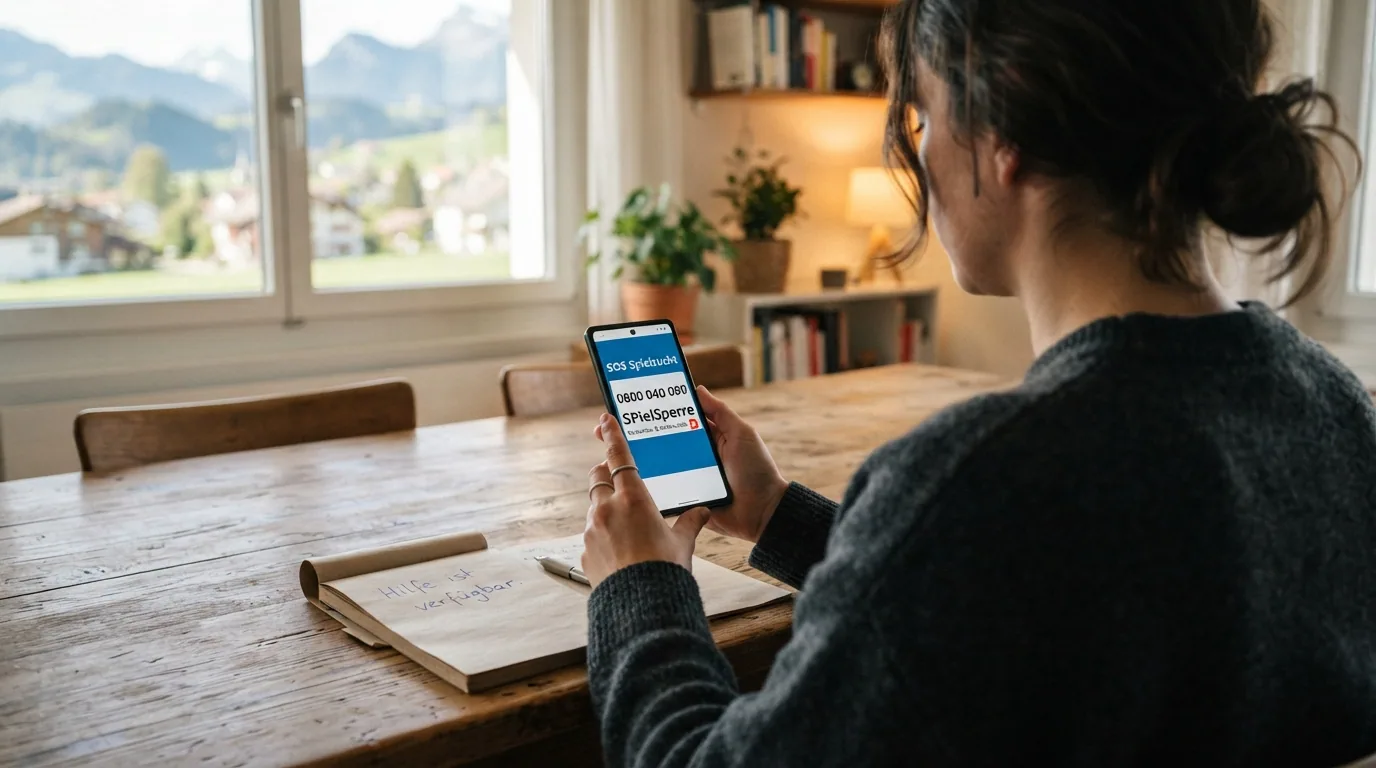 Ein Smartphone-Display mit der SOS-Spielsucht-Helpline 0800 040 080 und dem Schriftzug «Spielsperre»