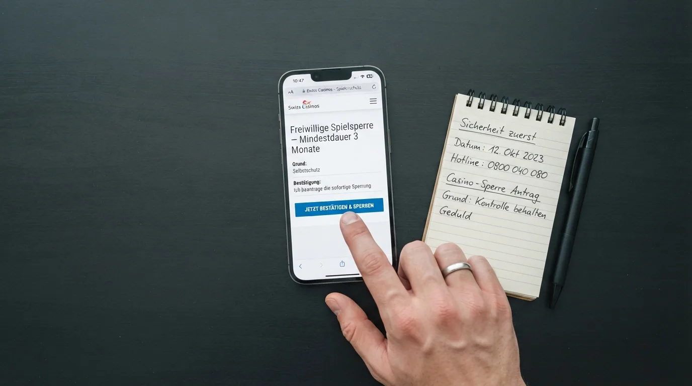 Ein Online-Formular fuer die freiwillige Spielsperre auf einem Bildschirm, daneben eine Uhr als Symbol fuer die dreimonatige Mindestdauer und eine Notiz mit der Hotline-Nummer