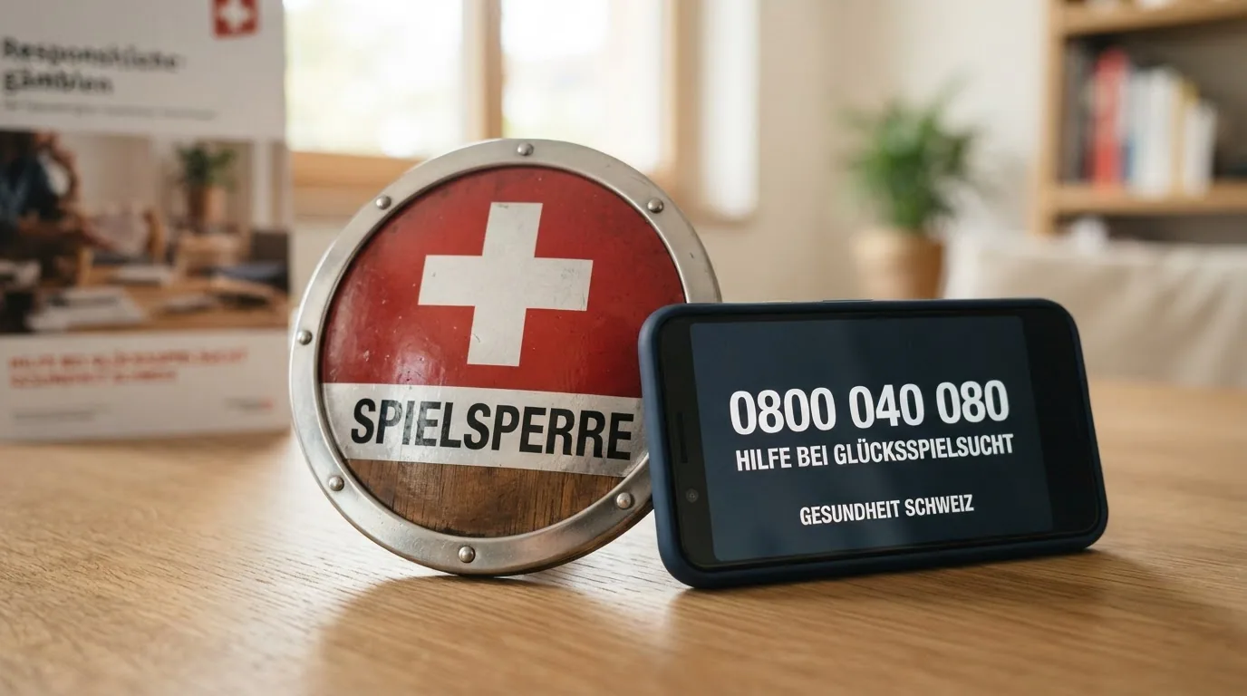 Stilisierte Darstellung: Ein Schutzschild mit Schweizer Kreuz, darauf die Aufschrift «Spielsperre», daneben die Helpline-Nummer 0800 040 080 gut lesbar