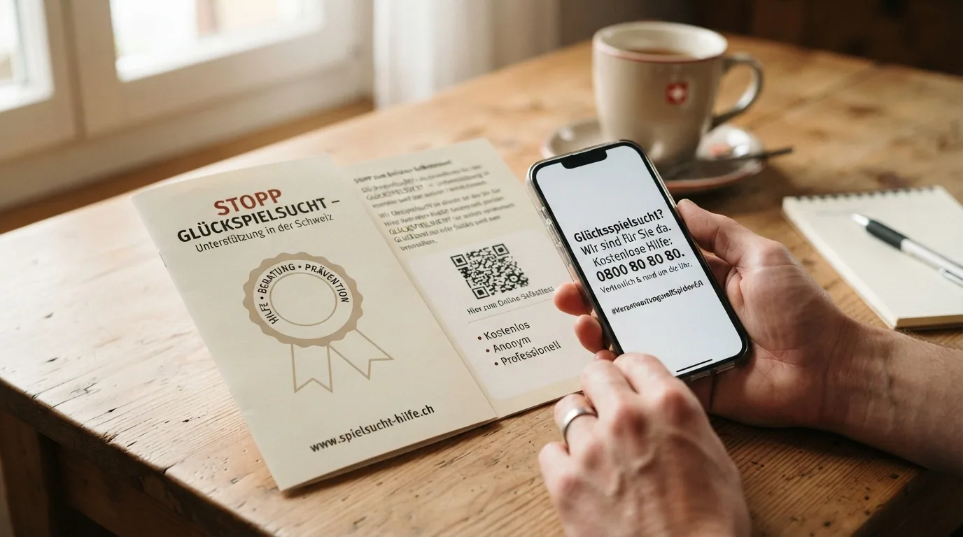 Eine helfende Hand, die eine Telefon-Hotline-Nummer hält, daneben das Logo von «Spielen ohne Sucht» und eine geöffnete Selbsttest-Webseite