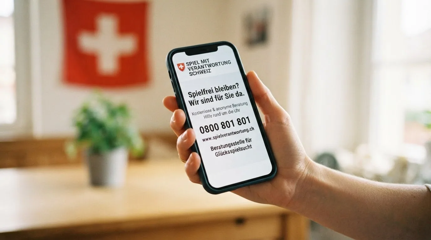 Eine helfende Hand, die ein Smartphone mit einer geöffneten SOS-Spielsucht-Seite hält, im Hintergrund die Telefon-Hotline-Nummer.