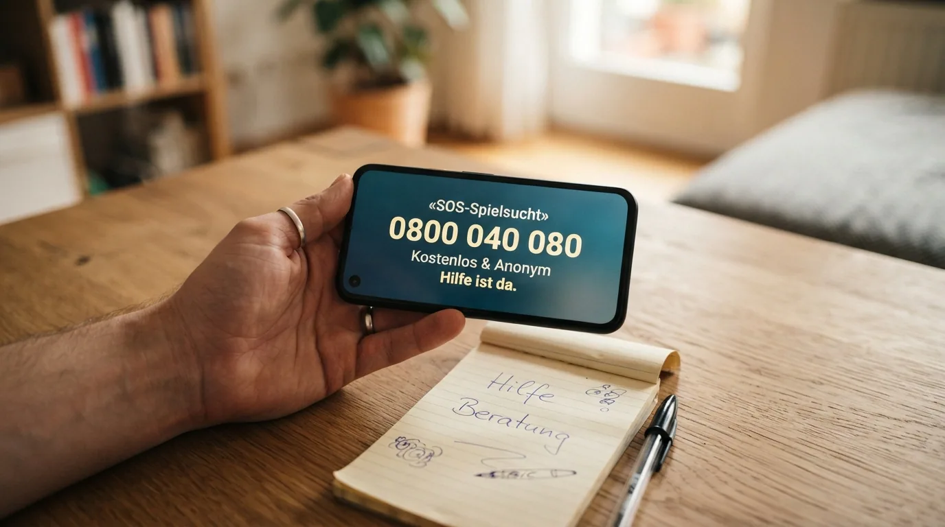 Eine helfende Hand, die ein Smartphone mit der Notrufnummer 0800 040 080 hält
