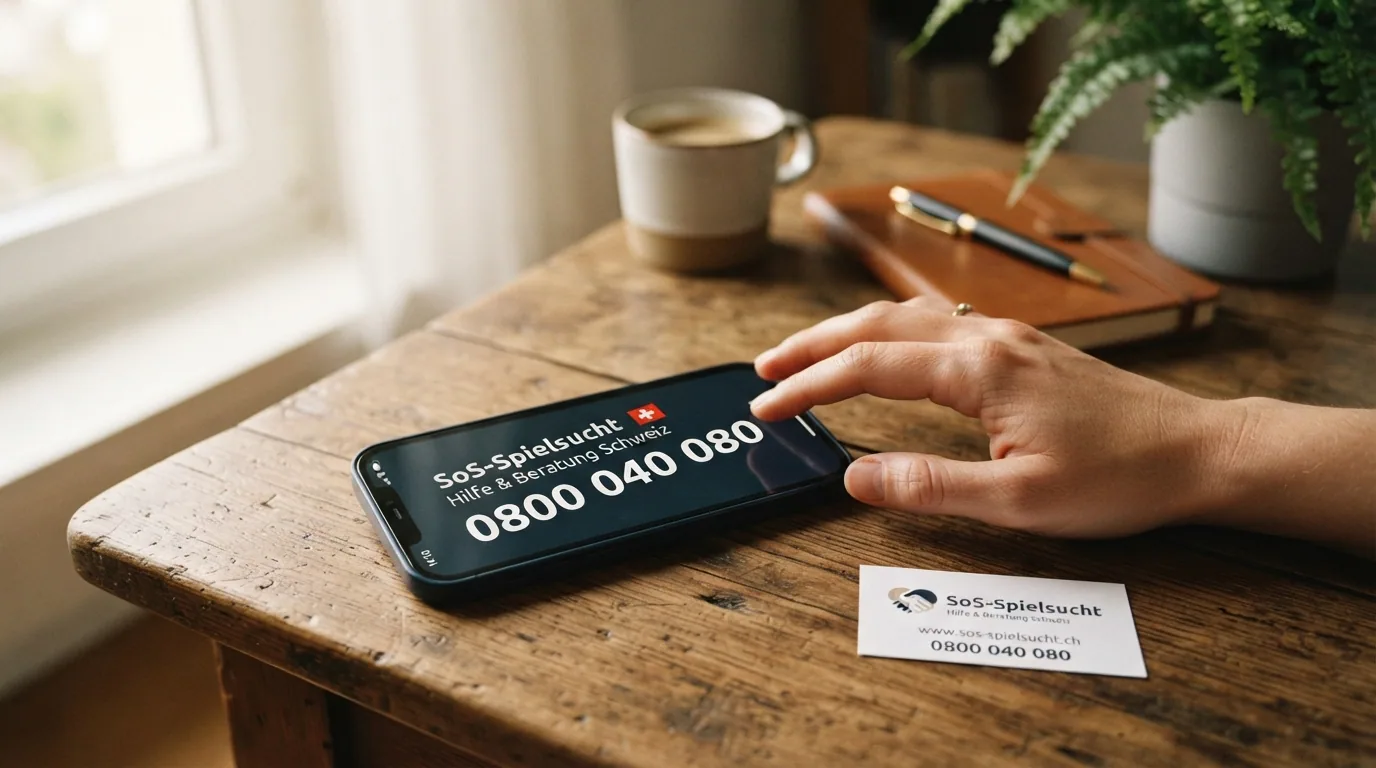 Ein Smartphone mit der eingetippten Nummer 0800 040 080, daneben eine Visitenkarte «SoS-Spielsucht»
