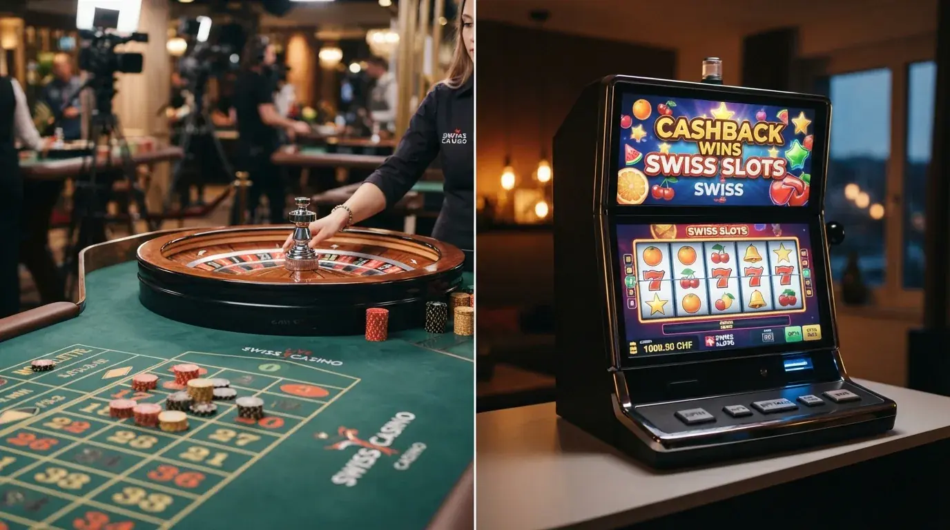 Ein geteiltes Bild: links ein Live-Roulette-Tisch mit Dealer, rechts eine Slot-Maschine mit leuchtenden Walzen.