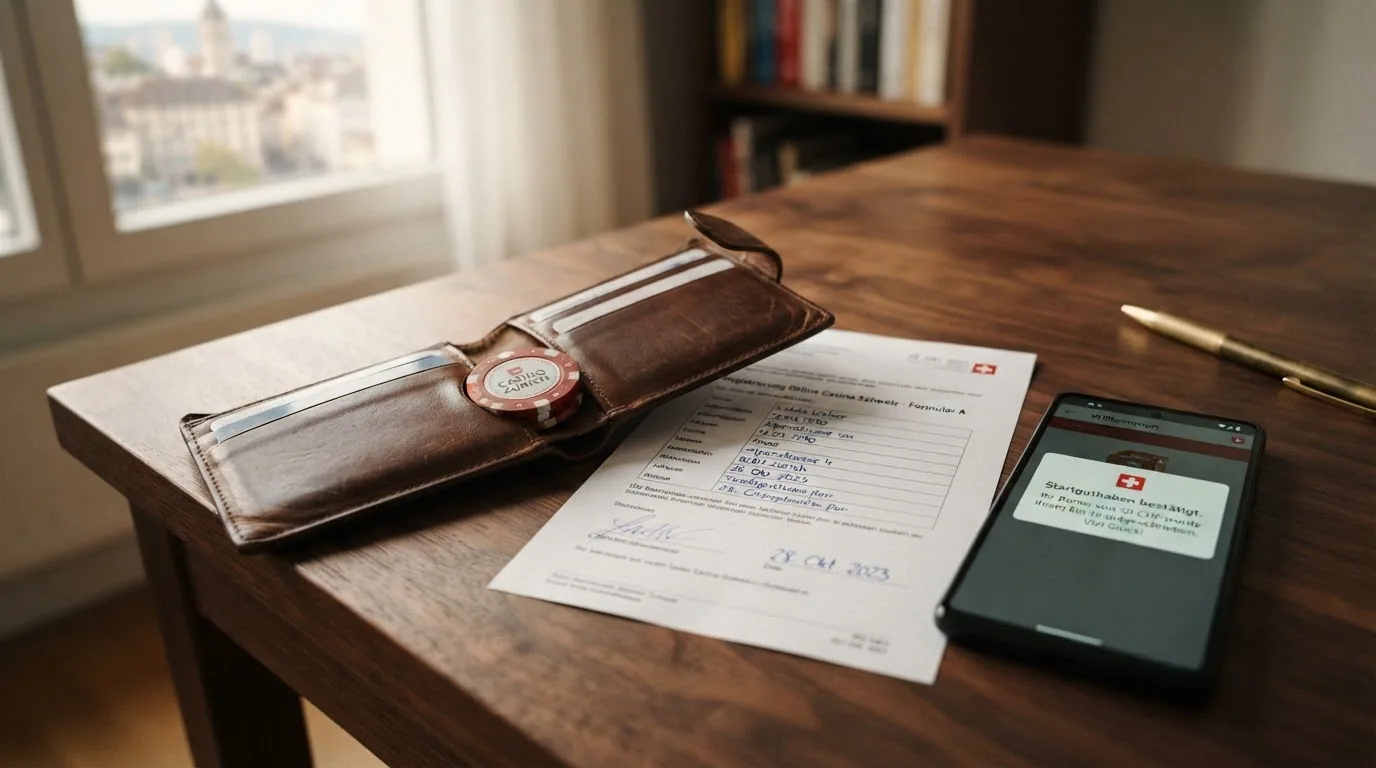 Eine geöffnete Brieftasche mit Schweizer Franken und einem ausgefüllten Casino-Registrierungsformular, daneben ein Smartphone mit Bestätigungsmeldung