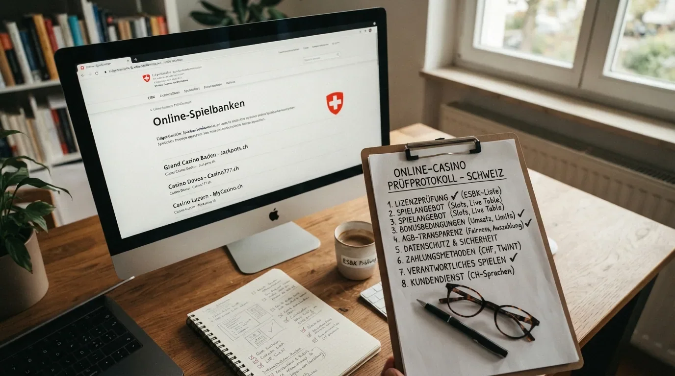 Eine Schreibtisch-Szene: ESBK-Liste auf dem Monitor, daneben Notizen zu Bonusbedingungen und ein mit Kriterien beschriftetes Klemmbrett.