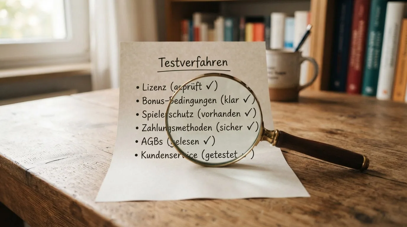Eine Checkliste mit sechs Prüfpunkten und Lupe: Lizenz, Bonus, Umsatz, Spiele, Zahlung, Spielerschutz
