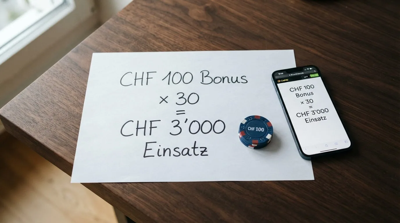 Ein Rechenbeispiel auf Papier: «CHF 100 Bonus × 30 = CHF 3'000 Einsatz» mit einem Taschenrechner daneben