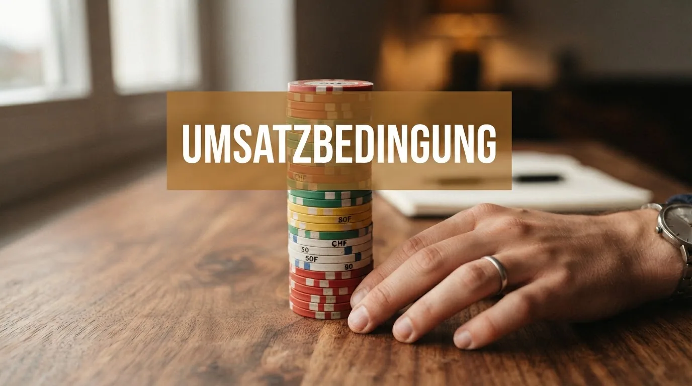 Ein Schweizer-Franken-Stapel, von dem ein sichtbarer Anteil durch eine transparente «Umsatzbedingung»-Schablone ausgeblendet wird