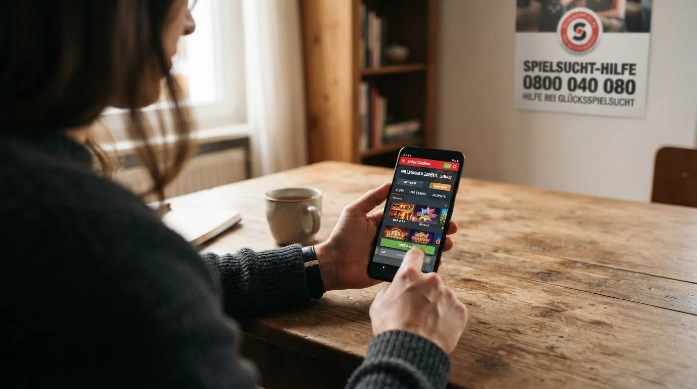 Eine Person legt das Smartphone zur Seite, dahinter das Logo der SOS-Spielsucht-Hotline mit der Nummer 0800 040 080