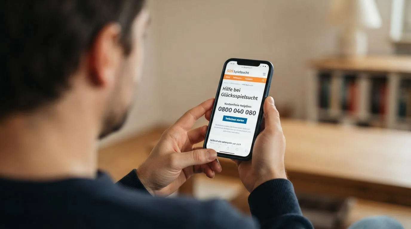 Ein Smartphone mit geöffneter SOS-Spielsucht-Webseite, darauf sichtbar die Notrufnummer 0800 040 080 und der Button «Selbsttest starten»