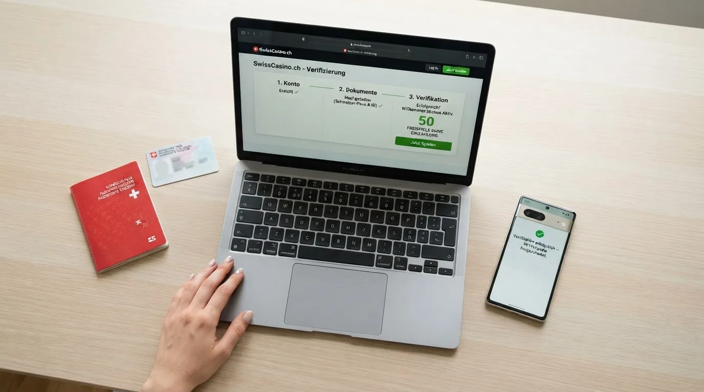 Drei Schritte einer Casino-Registrierung: Anmeldung mit Personalausweis, Identitaetspruefung per Video und Freischaltung des Verifikationsbonus auf dem Bildschirm