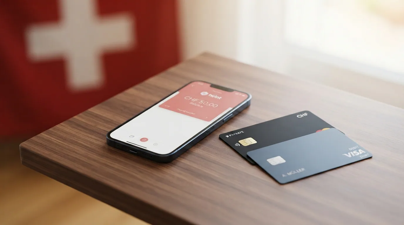 Die Logos von TWINT, Apple Pay, Paysafecard, Visa, PostFinance und Mastercard im Schweizer-Design nebeneinander angeordnet