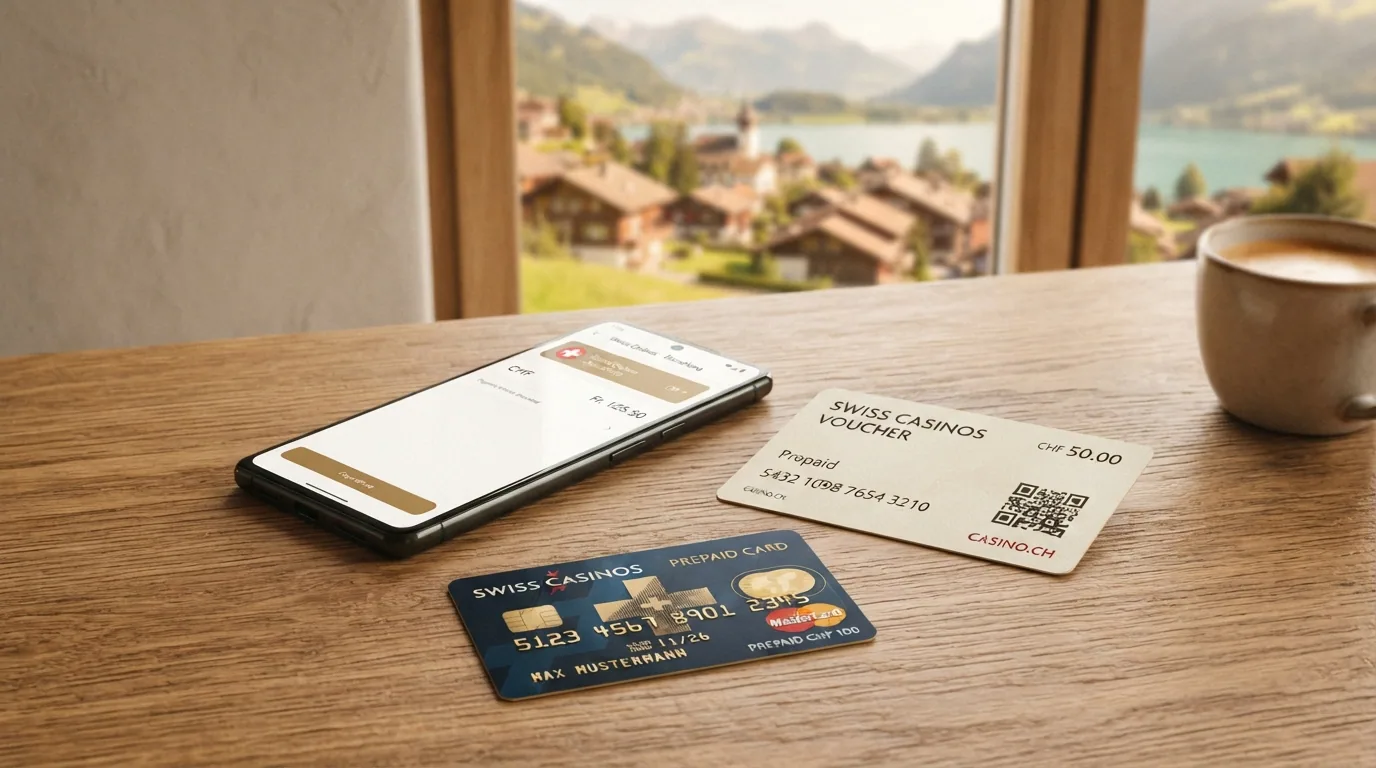 Verschiedene Zahlungsmittel fuer Online-Casinos: TWINT-Logo, Paysafecard, Mobiltelefon mit Guthaben-Anzeige